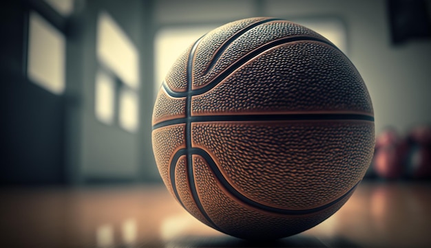 A basketball on a court with a blurred background.