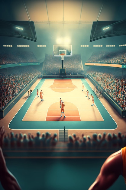 A basketball court with a crowd watching it.