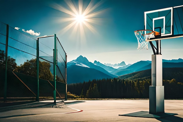 A basketball court with a mountain range in the background