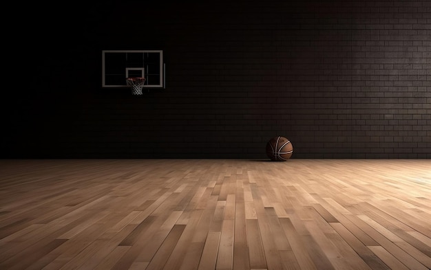 A basketball on a dark gym floor with a ball on the floor.