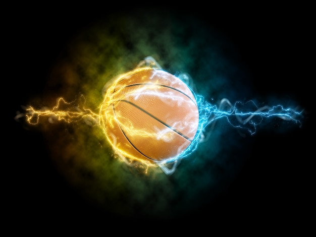 Basketball and electric waves in 3d rendering