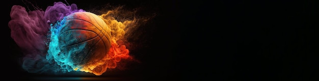 basketball in explosion of colored neon powder isolated on black background Generative AI