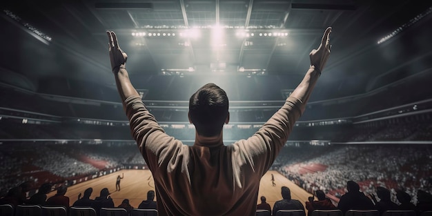 Basketball fan in the stands of a basketball stadium raising his arms cheering for his team