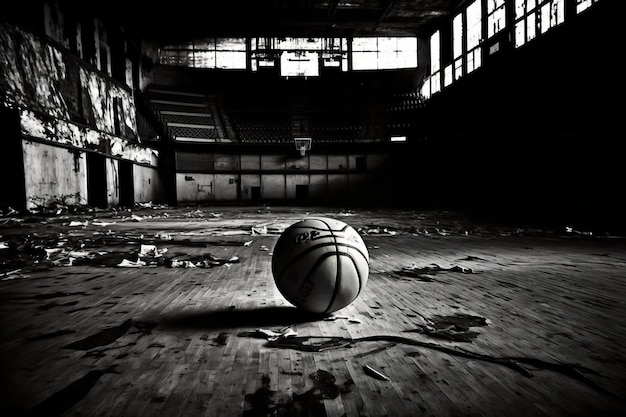 A basketball on the floor of an empty building with the word " p " on it.