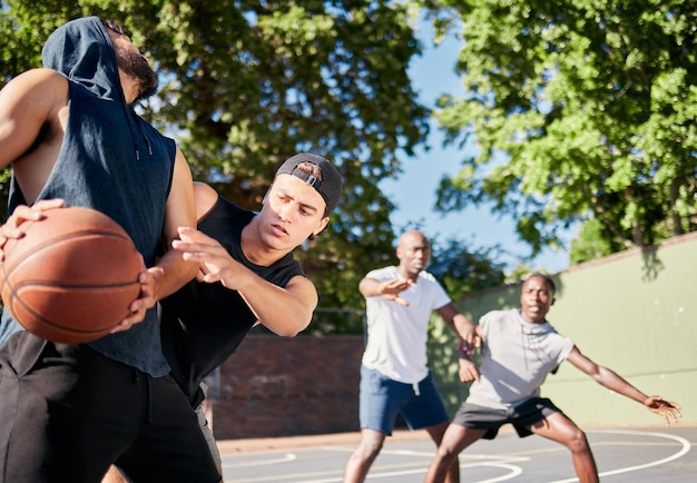 Basketball friends and teammates on basketball court training for team game together for health fitness group exercise and competition workout Outdoor sports teamwork and motivation to win match