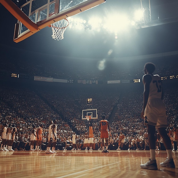 a basketball game with a player in the middle of the court