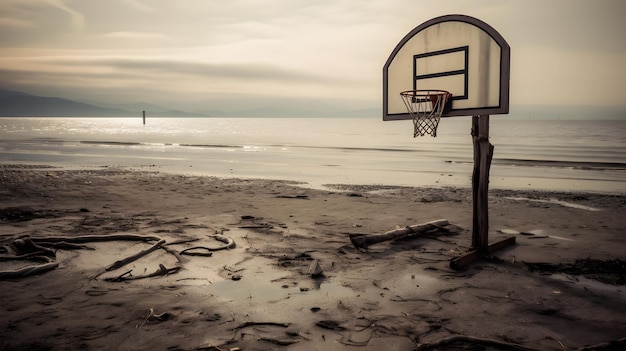 A basketball hoop on a beach with a cloudy sky in the background.