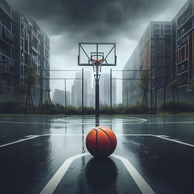 a basketball hoop is in the middle of a street with a dark sky behind it