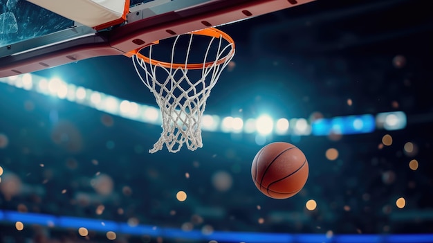 Basketball hovering near the hoop in a brightly lit arena