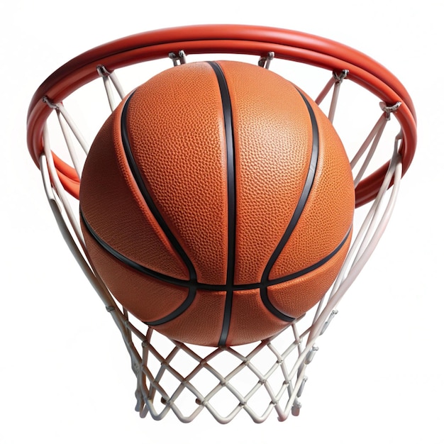 a basketball is in a basket with a net that says basketball on it