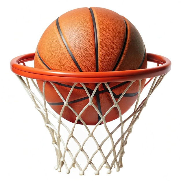 a basketball is in a basket with a net that says basketball