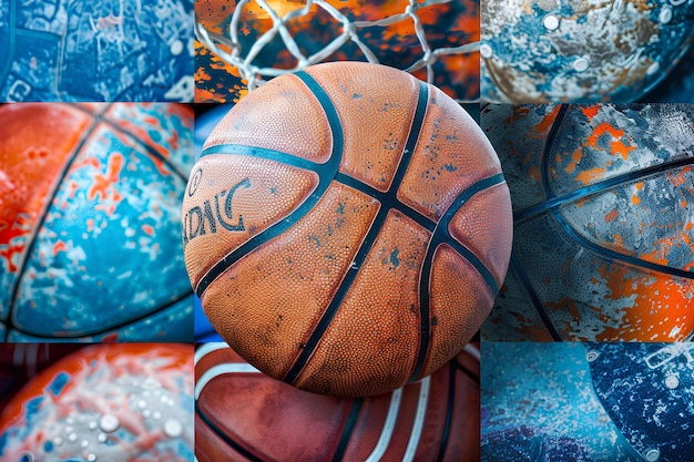 A basketball is sitting on top of a basketball net in front of a multi colored background of