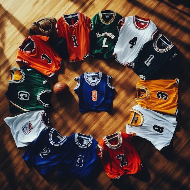 Photo basketball jersey lineup overhead view on hardwood court