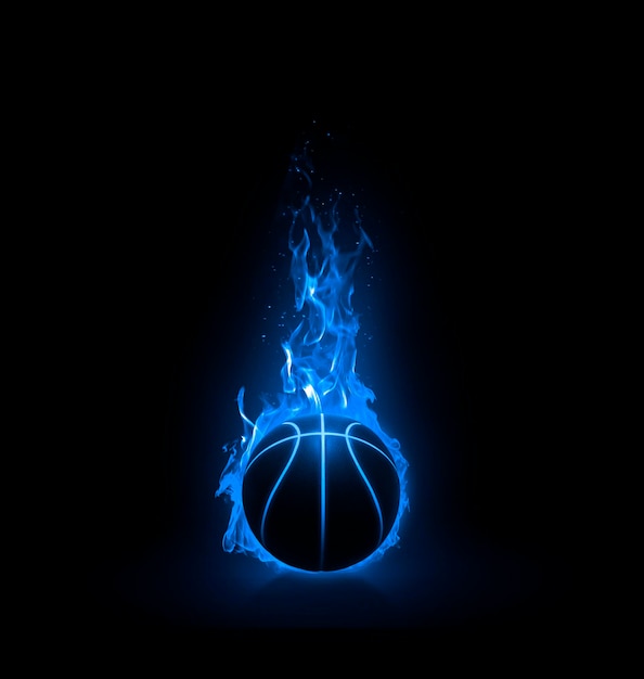 Basketball on light blue flames on black background 3d render