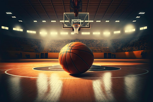 Basketball lying on wooden floor of basketball court and illuminated by spotlights generative ai