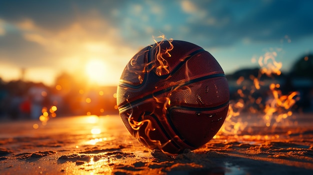 A Basketball In A Net On A Blue Sky Background The Ball Hit The Ring Sports Team Game