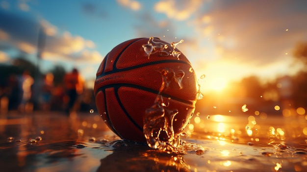 A Basketball In A Net On A Blue Sky Background The Ball Hit The Ring Sports Team Game