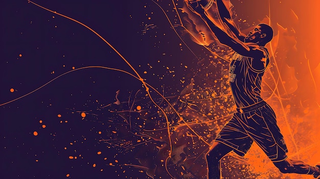 Basketball player in action Abstract background with dynamic shapes Basketball player jumping and shooting the ball