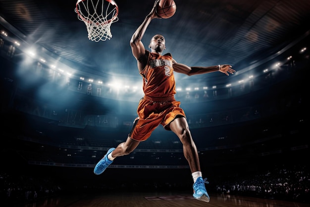 Basketball player in blue and orange uniform scoring by performing a slam dunk during a professional game in a packed arena under bright lights