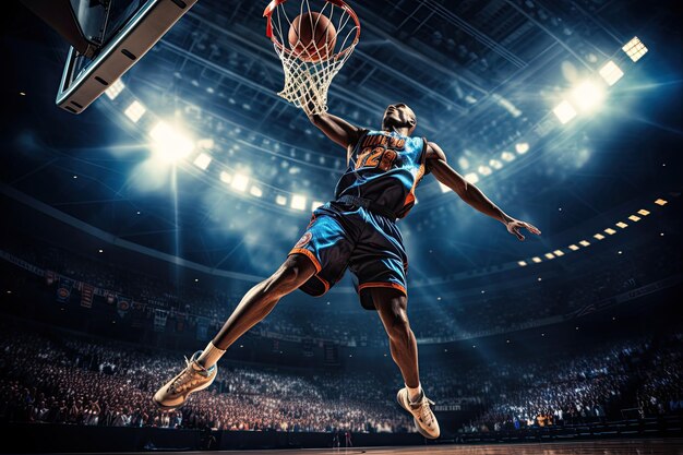 Basketball player in blue and orange uniform scoring by performing a slam dunk during a professional game in a packed arena under bright lights