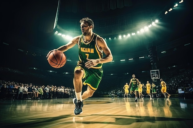 A basketball player dribbled the ball skillfully on the court