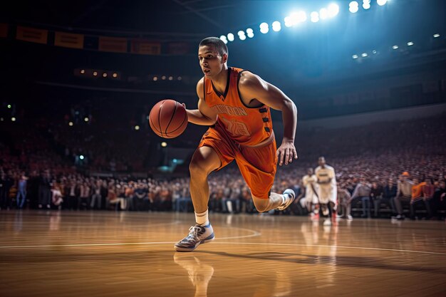 A basketball player dribbled the ball skillfully on the court