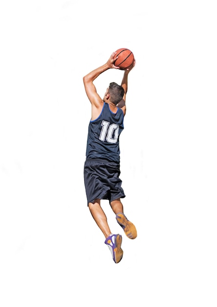 Basketball player dunking on white background