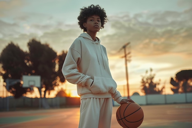 A basketball player holds the ball on an outdoor court at sunset