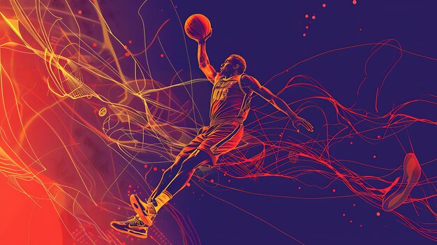 Basketball player jumping high above the court with a dynamic background of flowing lines and shapes