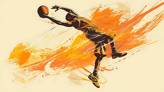 Basketball player jumping to score The background is a bright orange color The player is wearing a blue and white jersey