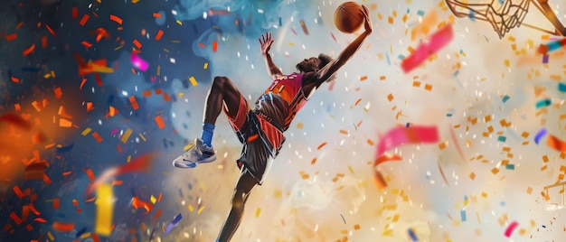 Photo a basketball player in midair slam dunk surrounded by vibrant confetti captures the spirit and joy of sports triumph and celebration