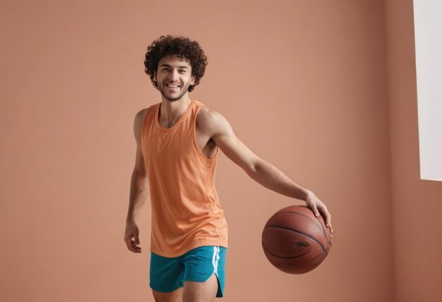 Photo a basketball player in motion focused on dribbling the ball with a playful stance