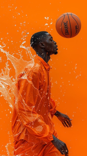 Photo basketball player in orange dynamic action shot