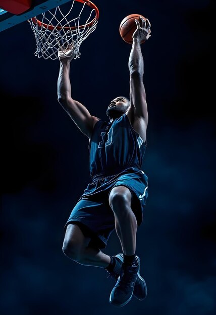 Photo a basketball player wearing a blue jersey is about to dunk a basketball