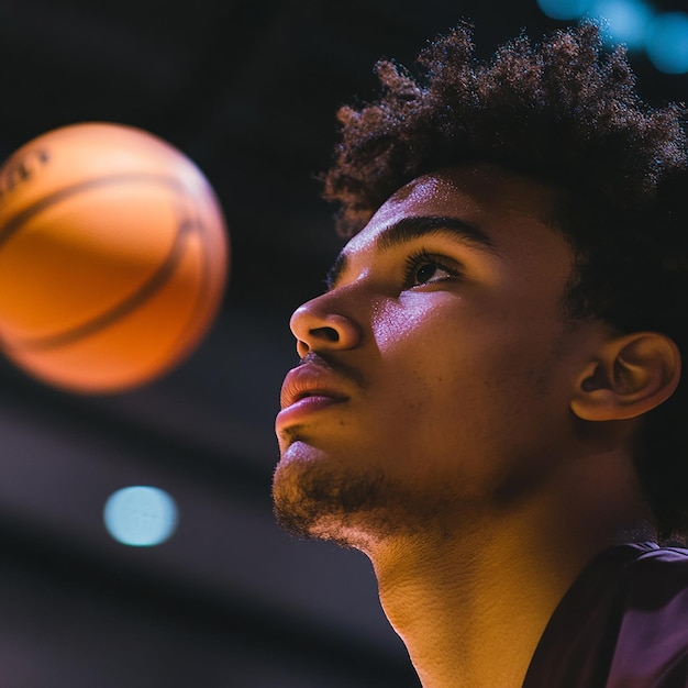 Photo a basketball player with a ball in his mouth