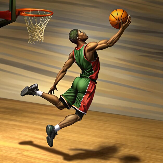 Photo a basketball player with a green and red uniform is about to dunk a ball