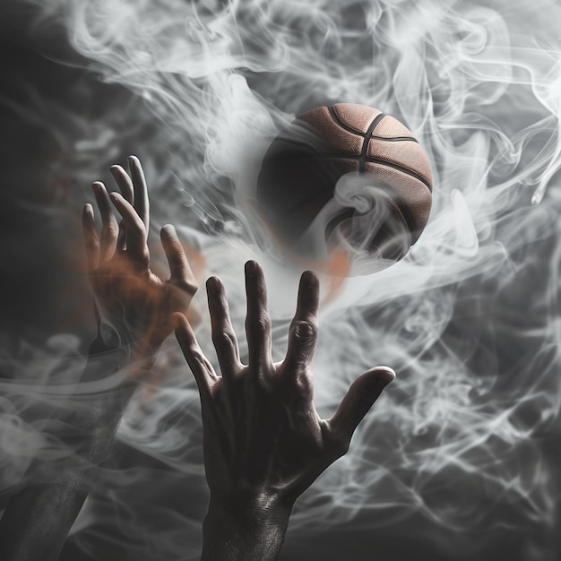 Photo a basketball players hands are in a smoke filled with smoke