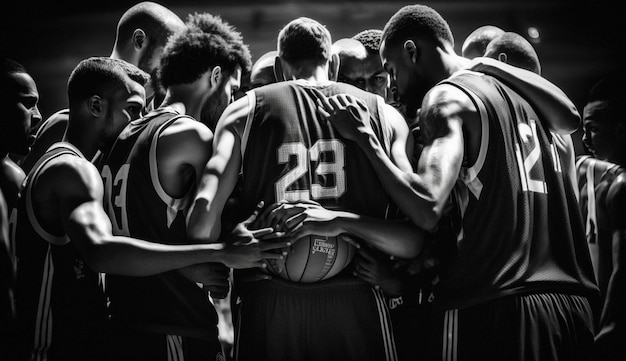 Basketball players huddle together in a huddle.