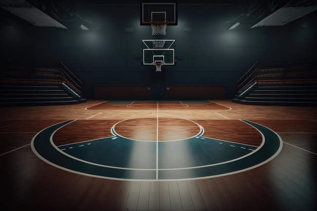 Basketball sport arena Interior view to wooden floor of basketball court AI Generation