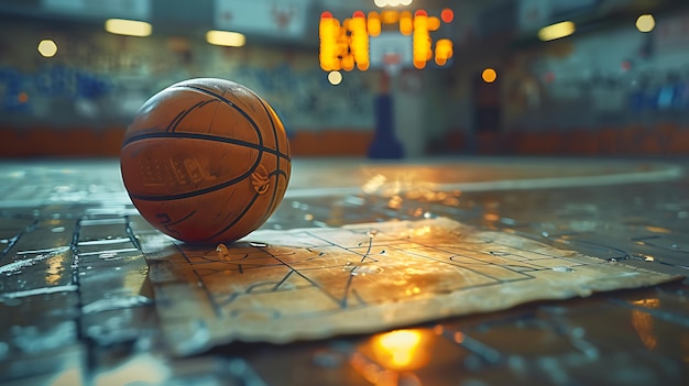 Photo a basketball on a table with a map of the word basketball on it