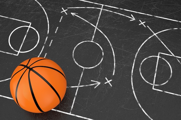 Photo basketball tactics concept. basketball ball over black chalkboard with basketball court and game strategy and tactics scheme extreme closeup. 3d rendering