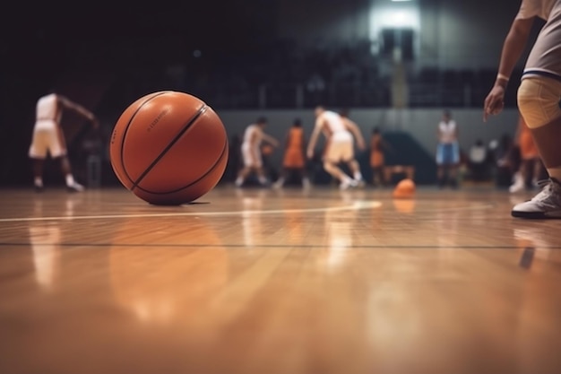 Basketball Training Game Background Basketball on Wooden Court Floor Close Up with Blurred Players