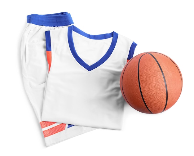 Basketball uniform and ball on white background top view