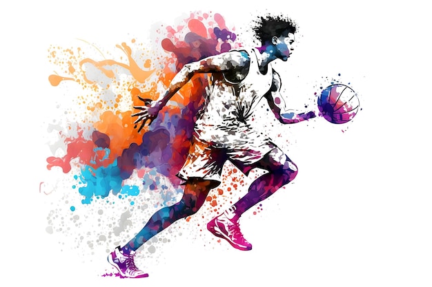 Basketball watercolor splash player in action with a ball isolated on white background Neural network generated art