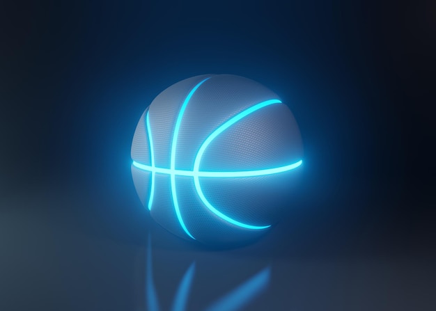 Basketball with futuristic blue glowing neon lights on a dark background 3D render illustration