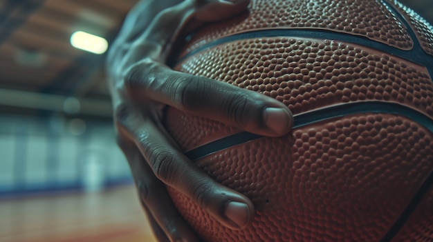 a basketball with a hand holding a basketball in the background