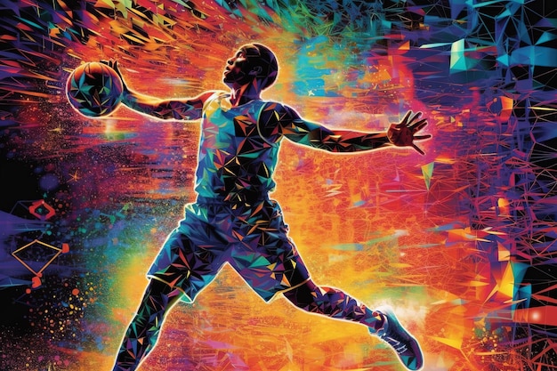 Basketball with a holographic core that shimmers with vibrant colors transforming the court into a prism of light illustration generative ai