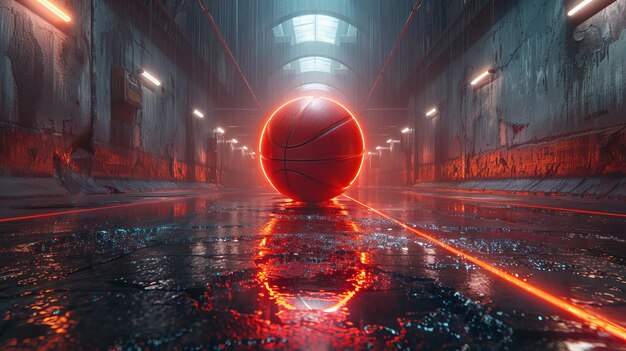 Basketball with neon lights in a futuristic hallway