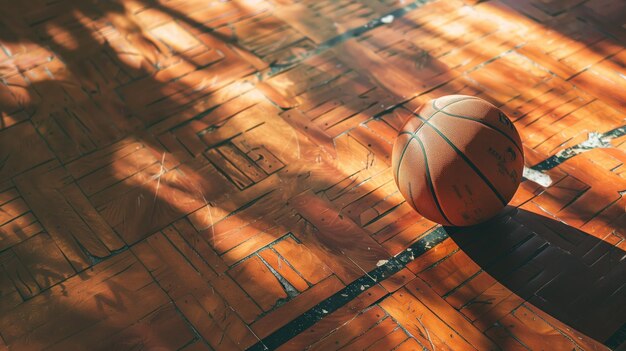 A basketball on a worn parquet floor with light shadows