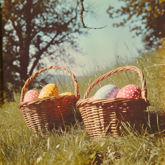 baskets of colorful eggs in baskets on grass in summer